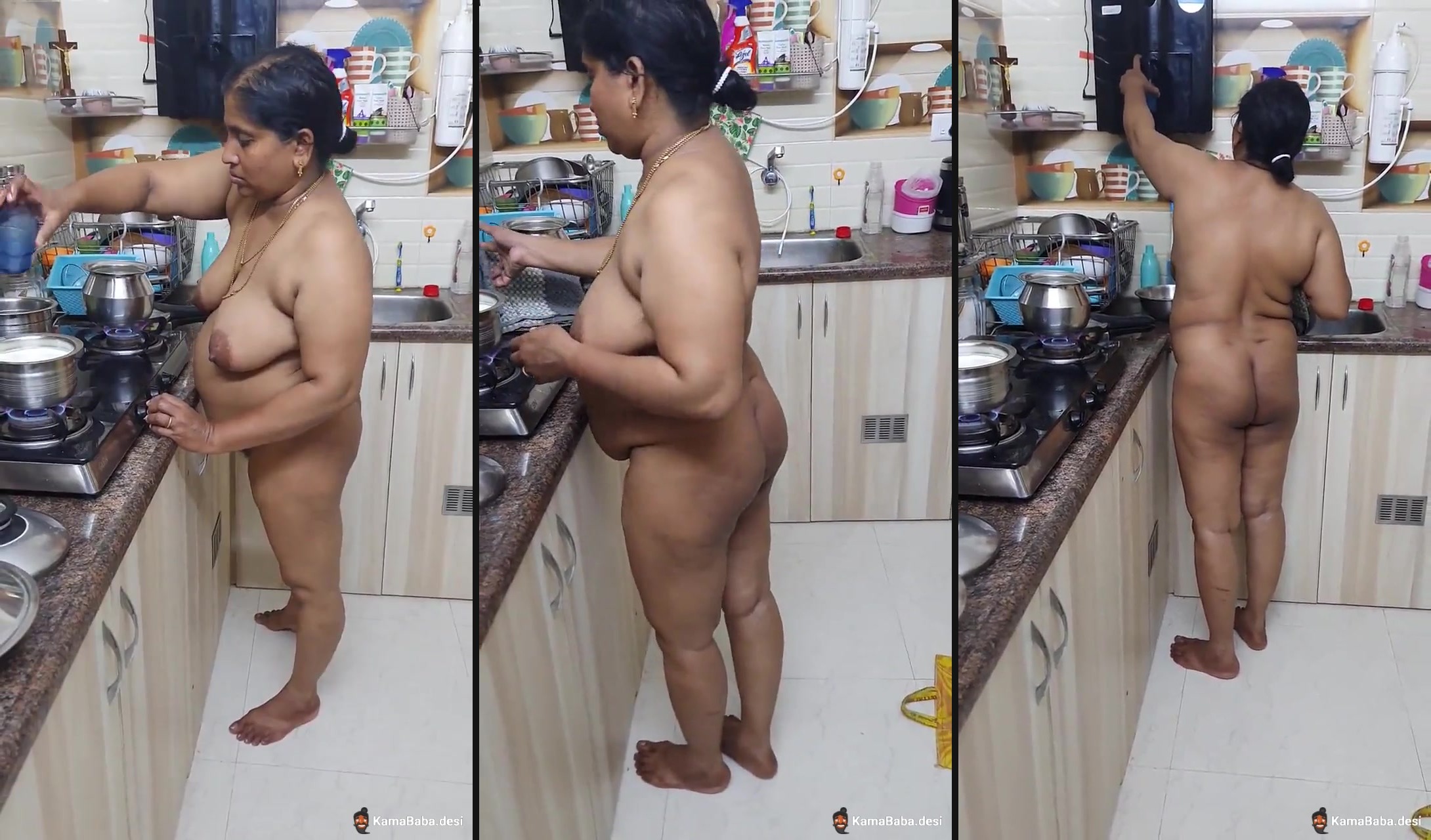 Desi nude aunt stays naked in the kitchen