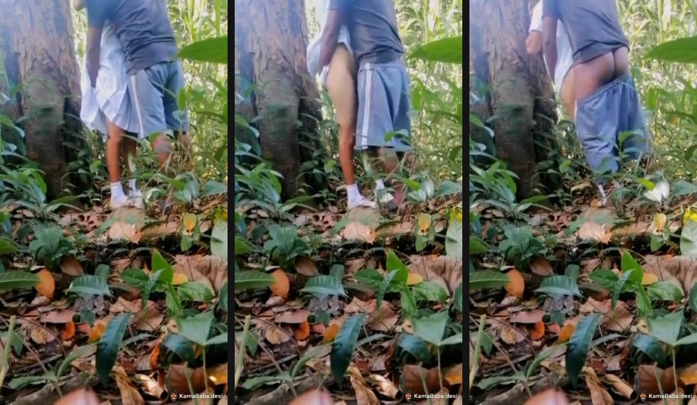Guy enjoys GF's pussy under a tree in Indian outdoor sex