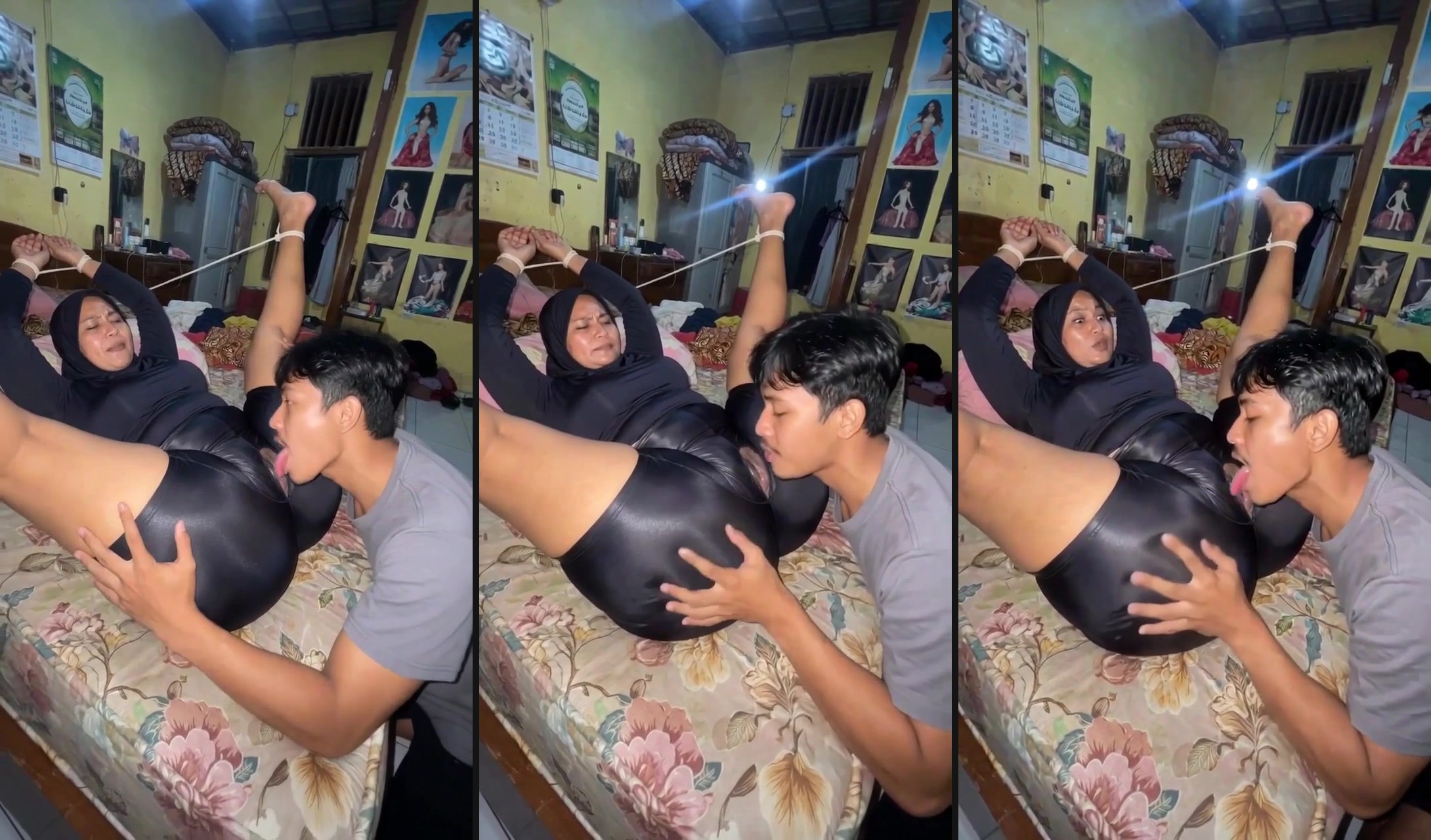 Guy licks his hijabi stepmother's pussy in Indonesian porn