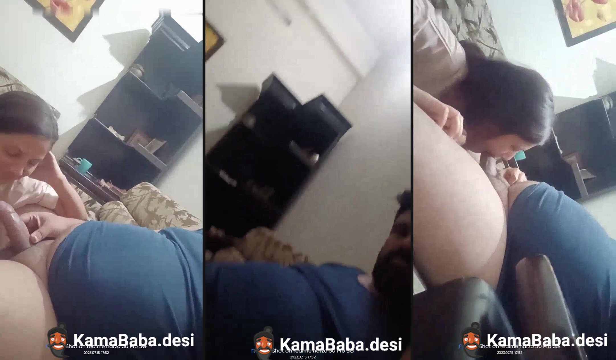 The lady gives a desi blowjob to the man on the couch