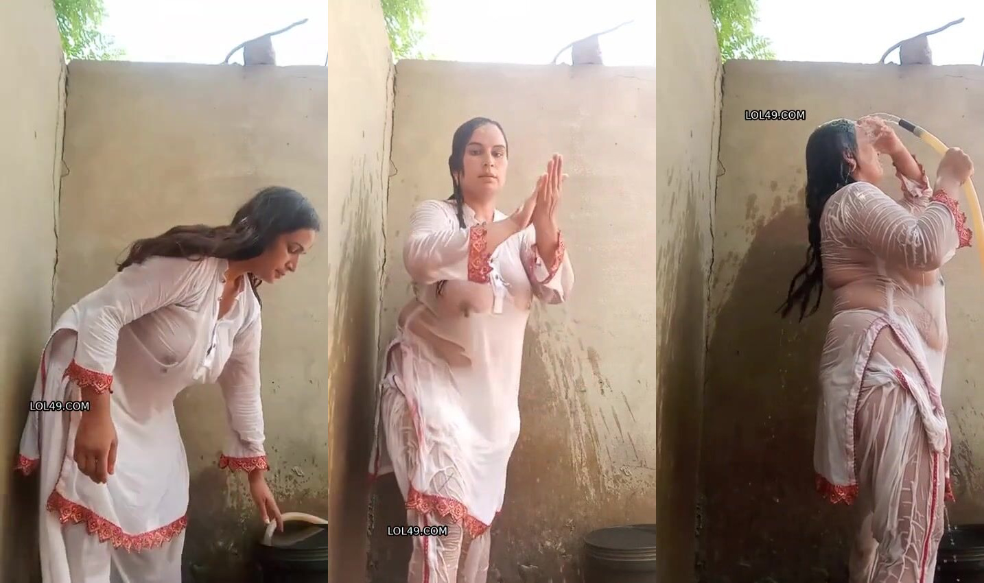 Chubby village randi bhabhi bathing outdoor in hot transparent dress