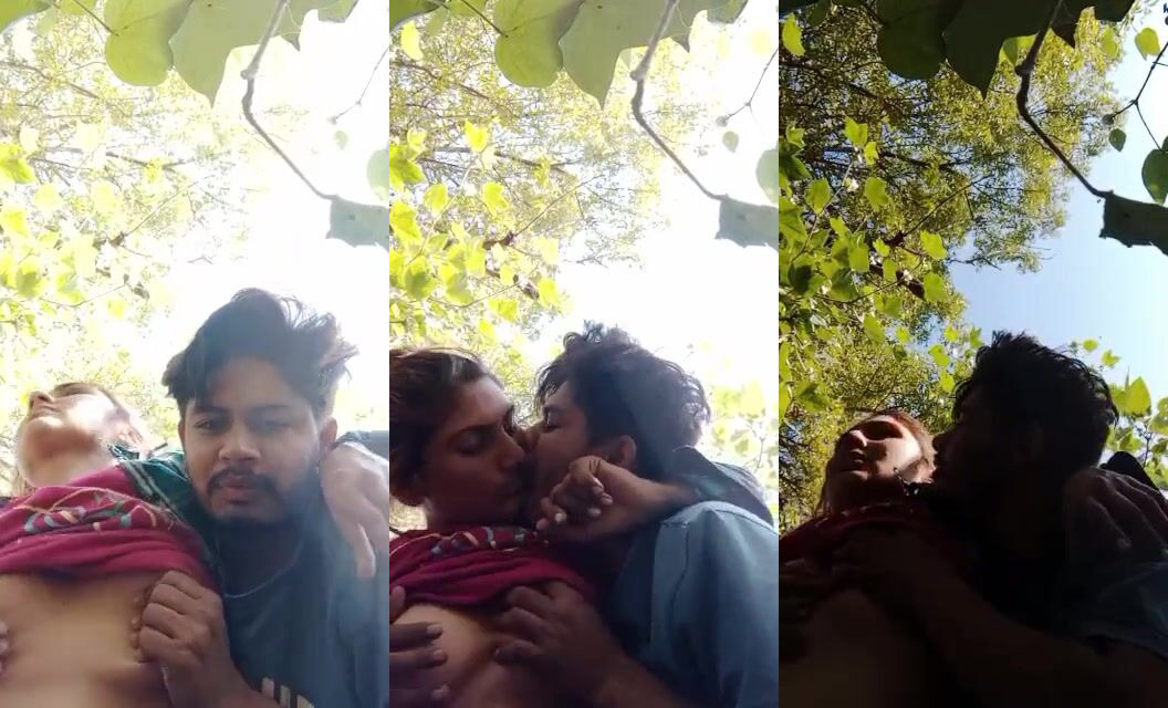 Haryanvi village boy squeezing hard gf's big boobs in jungle