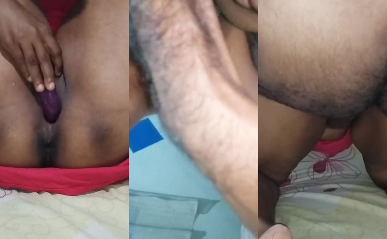 Sri Lankan couple play with dildo double penetration fuck doggy style